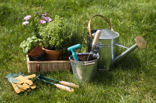 Legal terms document for landscaping services with project paperwork